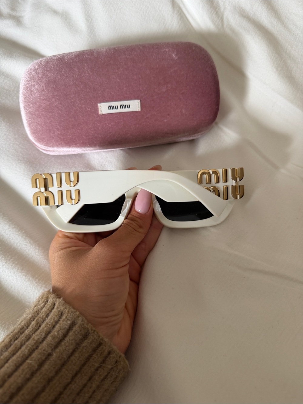 Miu Miu White Sunglasses with Gold Logo Accents - Picture 5 of 10